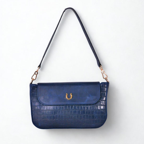 Adele blue crocodile-embossed leather shoulder bag, front view with gold horseshoe hardware
