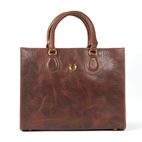 Martha tote bag in whiskey brown leather with gold horseshoe hardware