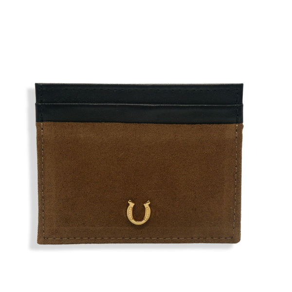A black and brown suede leather card holder with a central pocket and four card slots.